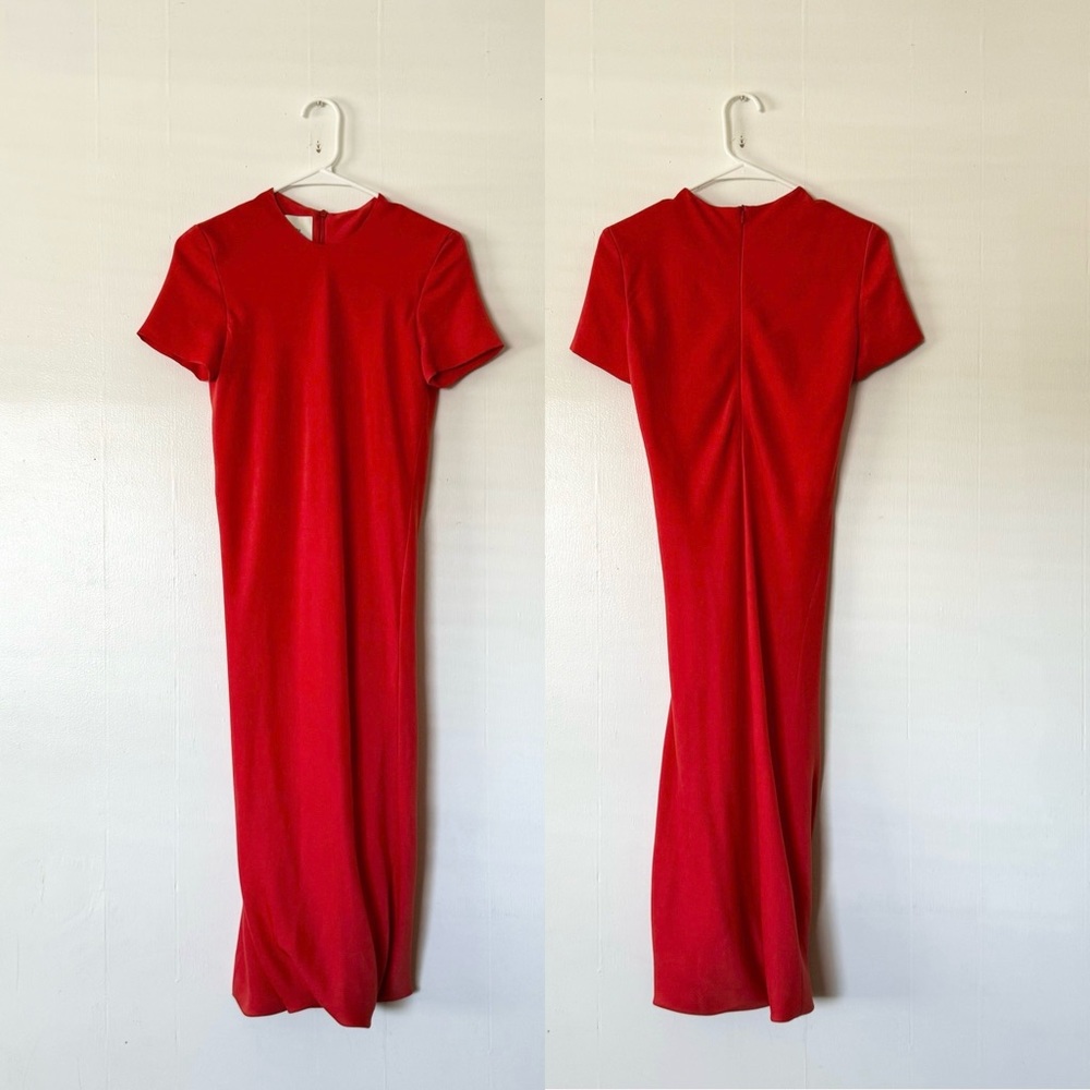 Cedric Charlier Orange Short Sleeve Midi Form Fitting Inverted Hem Dress